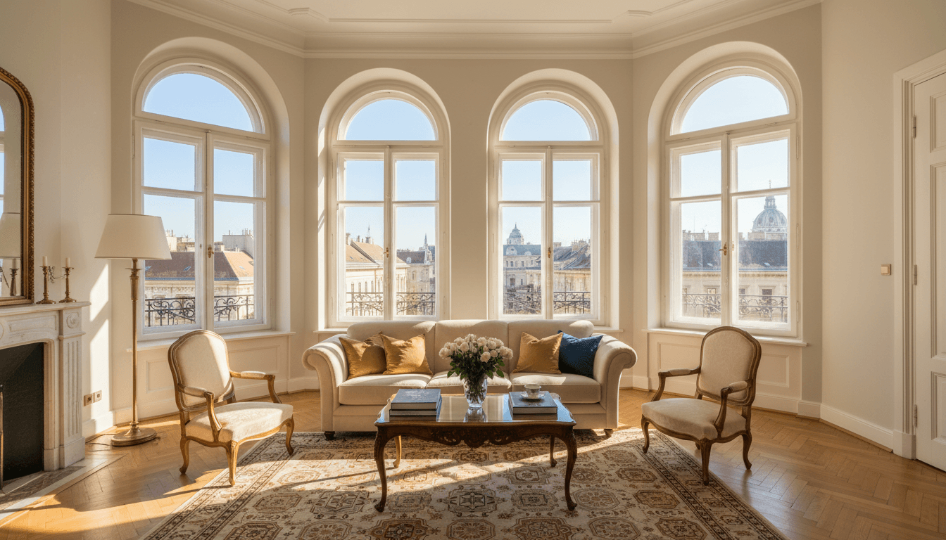 Bright, elegant apartment interior with large windows and city views
