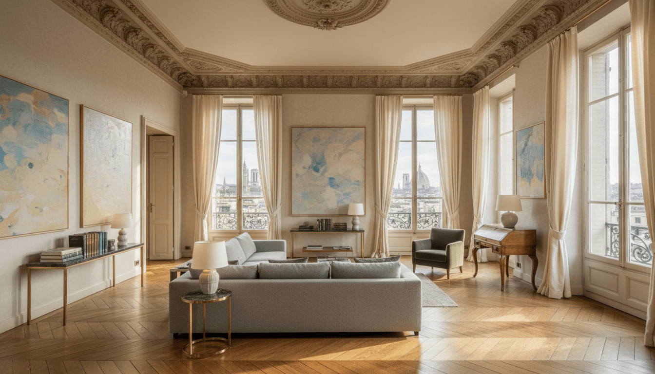 Bright elegant apartment interior in a historic Budapest building