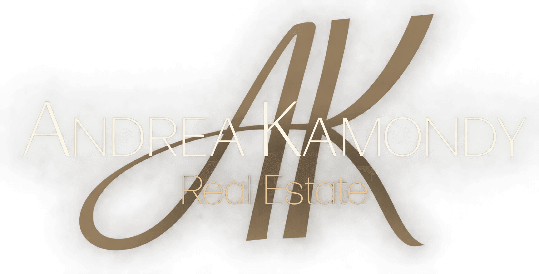 Andrea Kamondy Real Estate logo with large stylized bronze AK initials on white background.
